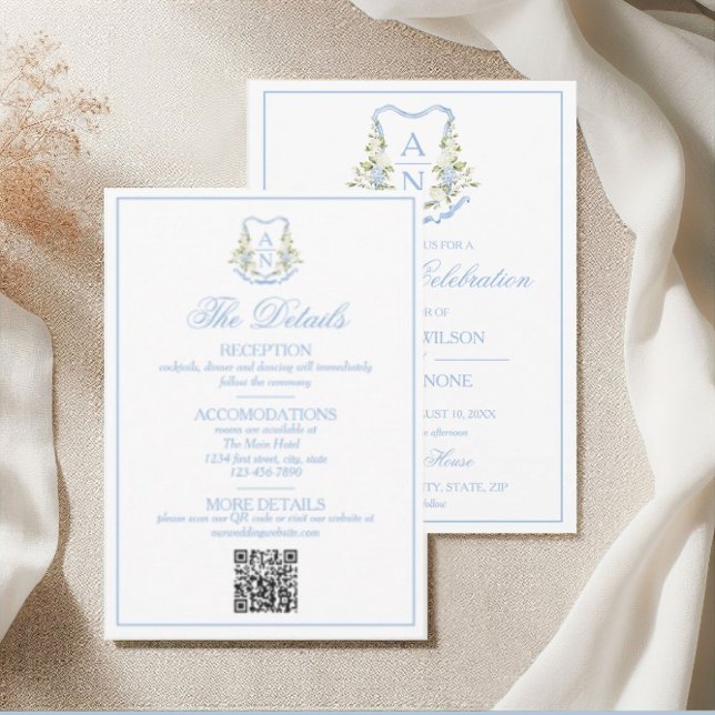 Blue Hydrangea Crest Monogram Details RSVP Card (Creator Uploaded)