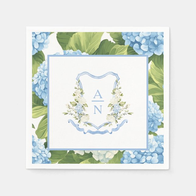 Blue Hydrangea Crest Monogram Napkin (Front)