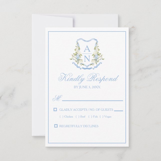 Blue Hydrangea Crest Monogram RSVP Cards (Front)
