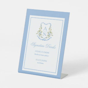 Blue Hydrangea Crest Monogram Tabletop Bar Sign