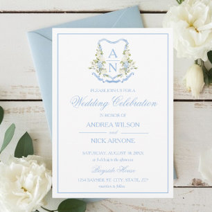 Blue Hydrangea Crest Monogram Wedding Invitation