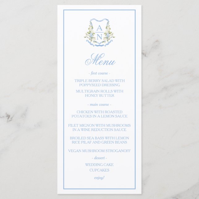 Blue Hydrangea Crest Monogram Wedding Menu (Front)
