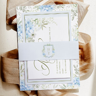 Blue Hydrangea Crest Wedding Monogram Invitation Belly Band