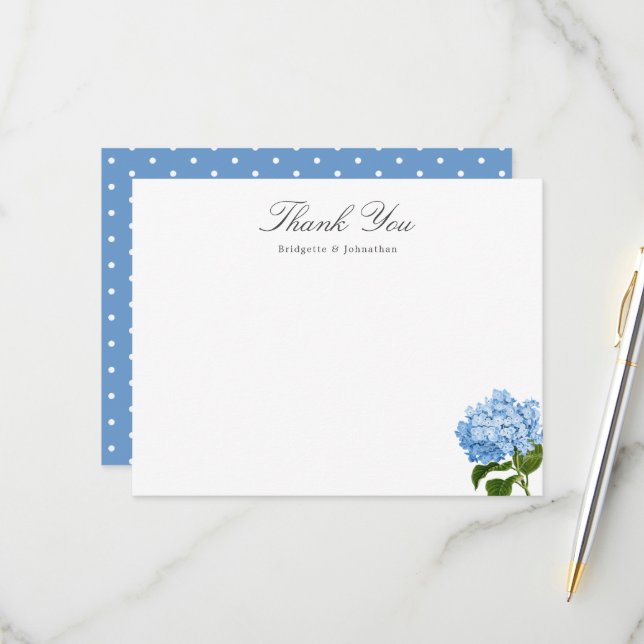 Blue Hydrangea Custom Name Thank You Flat Card (Front/Back In Situ)