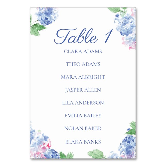 Blue Hydrangea Elegant Numeric Seating Chart Card (Front)