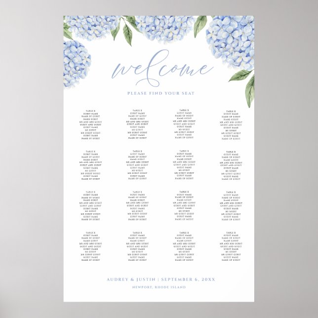 Blue Hydrangea Extra Large Seating Chart Poster (Front)