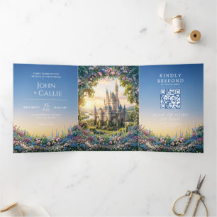 Blue Hydrangea Fairytale Castle Wedding Tri-Fold Invitation