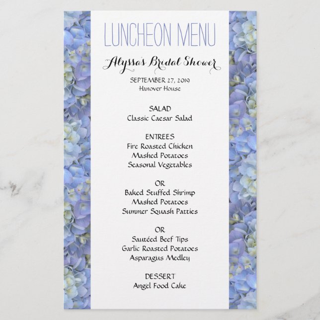 Blue Hydrangea Fête des mariées 5x8 Menu déjeuner (Devant)