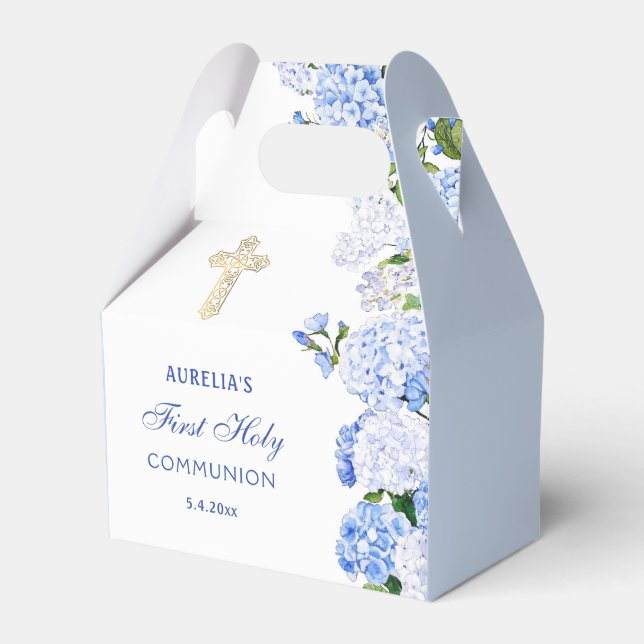 Blue Hydrangea First Communion Gable Favor Box (Front Side)