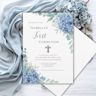 Blue Hydrangea First Communion Religious  Invitation