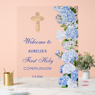 Blue Hydrangea First Communion Welcome Acrylic Sign