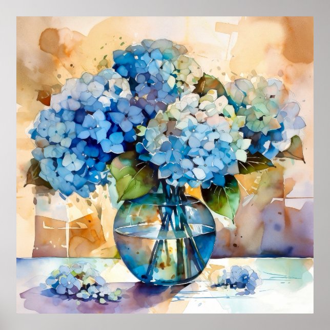 Blue Hydrangea Floral Art Poster (Front)