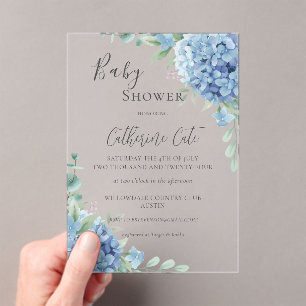 Blue Hydrangea Floral Baby Shower Acrylic Invitations