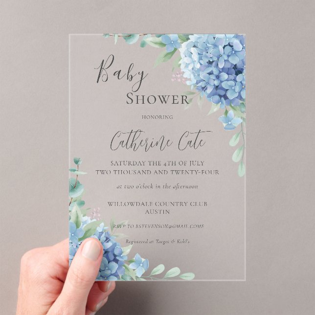 Blue Hydrangea Floral Baby Shower Acrylic Invitations (Insitu (Handheld))