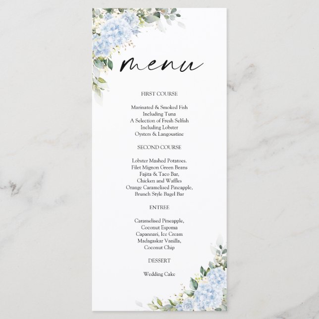 Blue Hydrangea Floral Baby Shower Menu (Front)