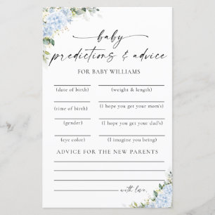 Blue Hydrangea Floral Baby Shower Predictions Card