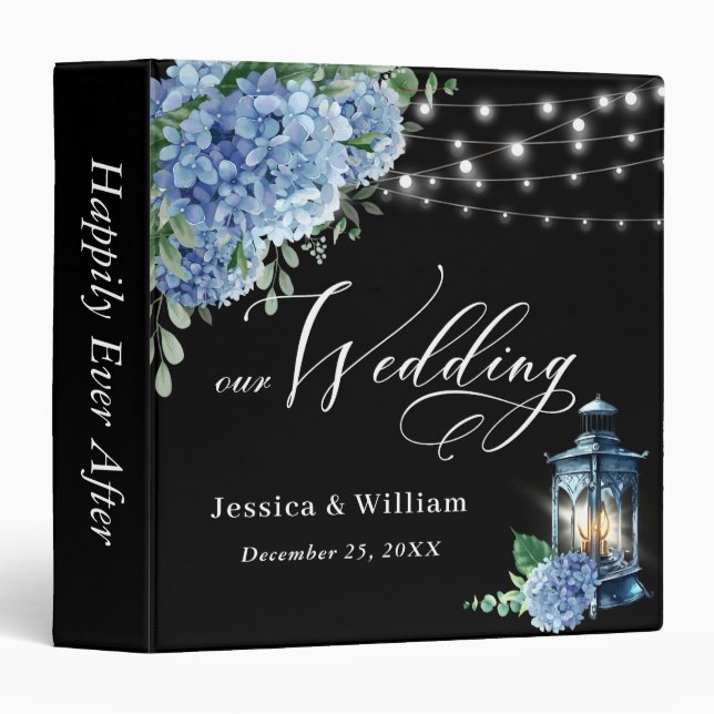 Blue Hydrangea Floral Black Boho Wood Wedding Binder (Front/Spine)