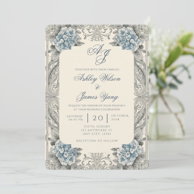 Blue Hydrangea Floral Botanical Wedding Invitation (Standing Front)