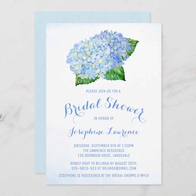 Blue Hydrangea Floral Bridal Showbacks Invitations (Devant / Derrière)
