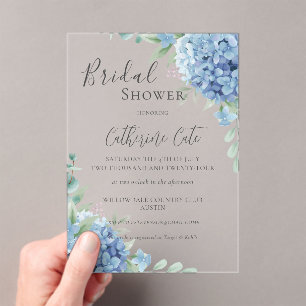 Blue Hydrangea Floral Bridal Shower Acrylic Invitations
