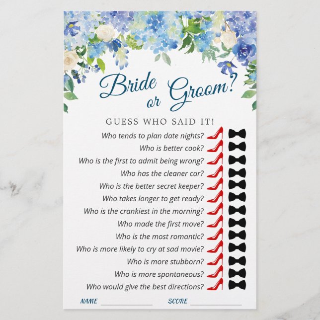Blue Hydrangea Floral Bridal Shower Game (Front)