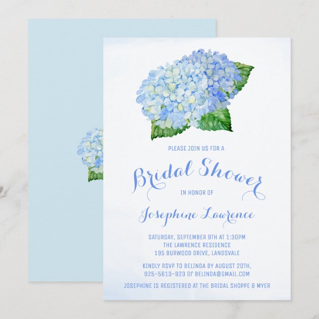 Blue Hydrangea Floral Bridal Shower Invitations (Front/Back)