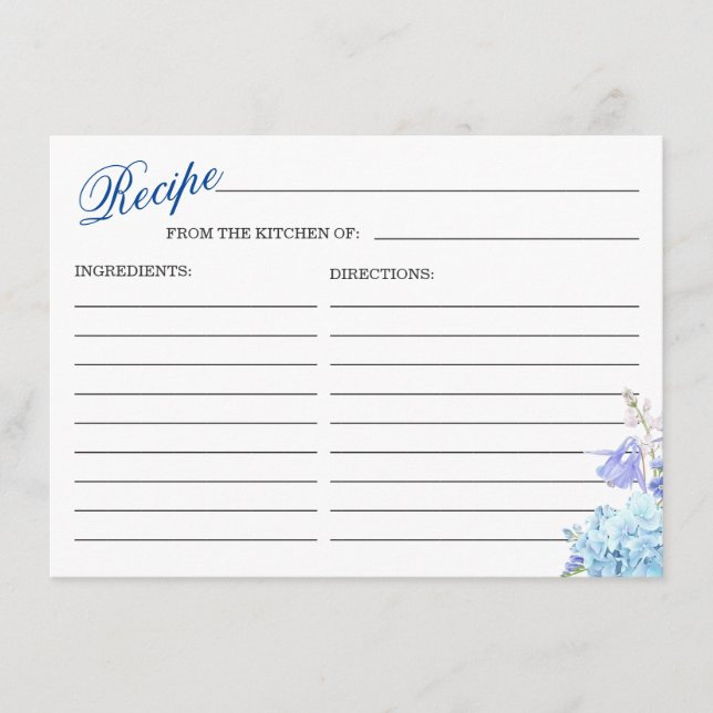 Blue Hydrangea  Floral Bridal Shower Recipe Card (Front)