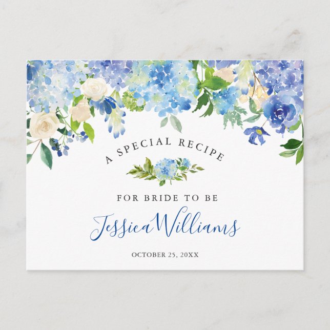 Blue Hydrangea Floral Bridal Shower Recipe Card (Front)