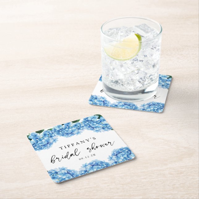 Blue Hydrangea Floral Bridal Shower Welcome Sign Square Paper Coaster (Insitu)