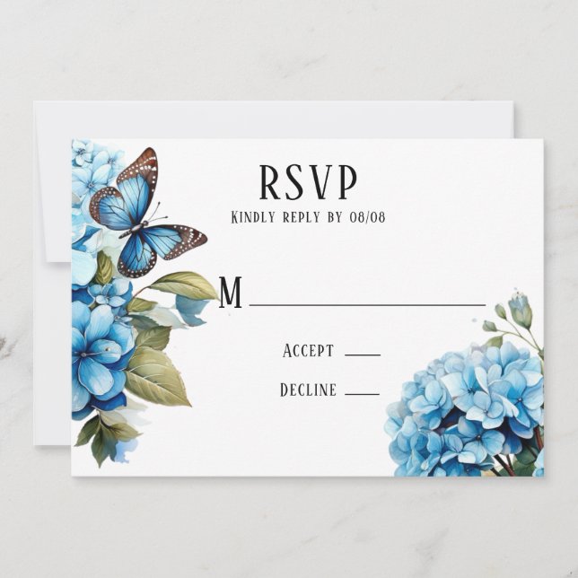 Blue Hydrangea Floral Butterfly Wedding Cartes RSV (Devant)