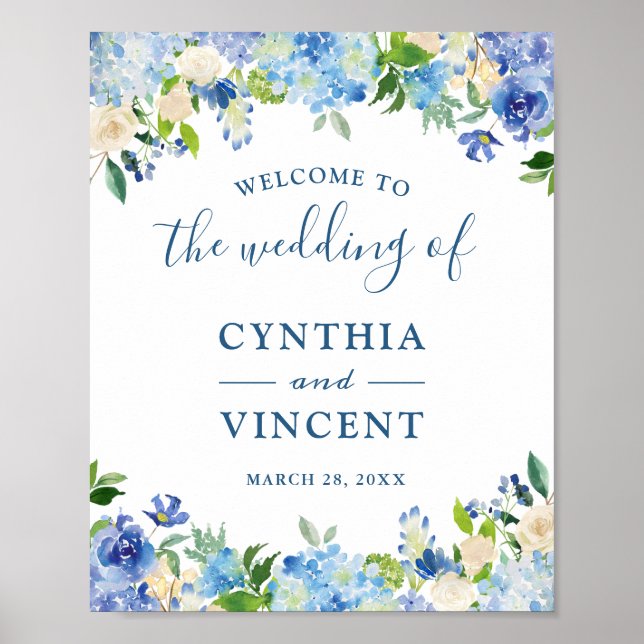 Blue Hydrangea Floral Chic Wedding Welcome Sign (Front)