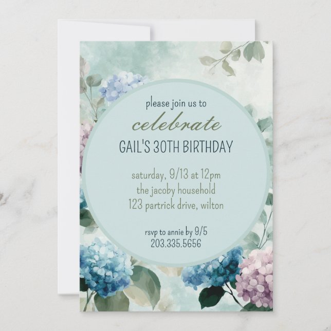 Blue Hydrangea Floral Circle Invitation de fête d' (Devant)