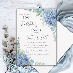 Blue Hydrangea Floral Elegant 100th Birthday Invitation