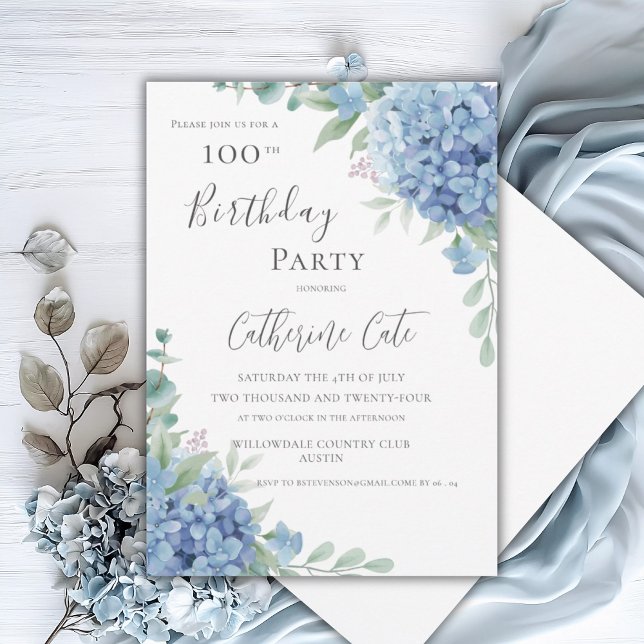 Blue Hydrangea Floral Elegant 100th Birthday Invitation (Creator Uploaded)