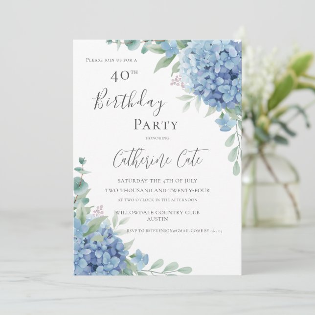 Blue Hydrangea Floral Elegant 40th Birthday Invitation (Standing Front)