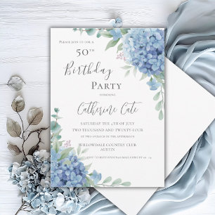 Blue Hydrangea Floral Elegant 50th Birthday Invitation