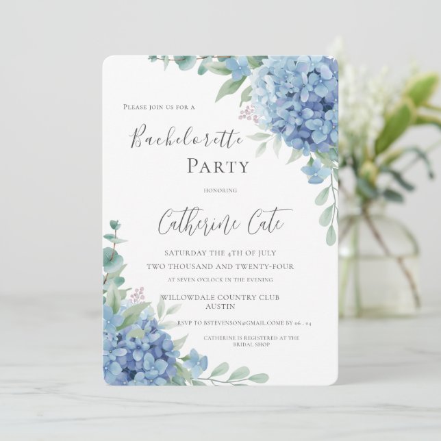 Blue Hydrangea Floral Elegant Bachelorette Party Invitation (Standing Front)