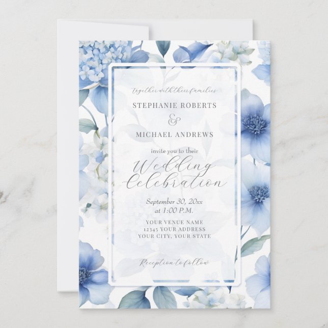 Blue Hydrangea Floral Elegant Watercolor Wedding Invitation (Front)