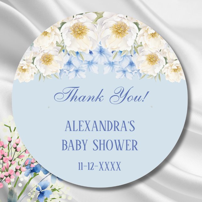 Blue Hydrangea Floral Garden Baby Shower Thank You Classic Round Sticker (Creator Uploaded)