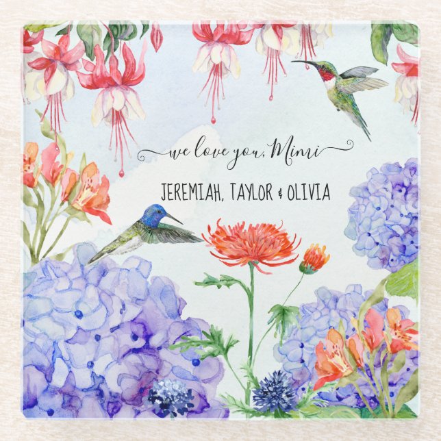 Blue Hydrangea Floral Garden We Love You Mimi Glass Coaster (Front)