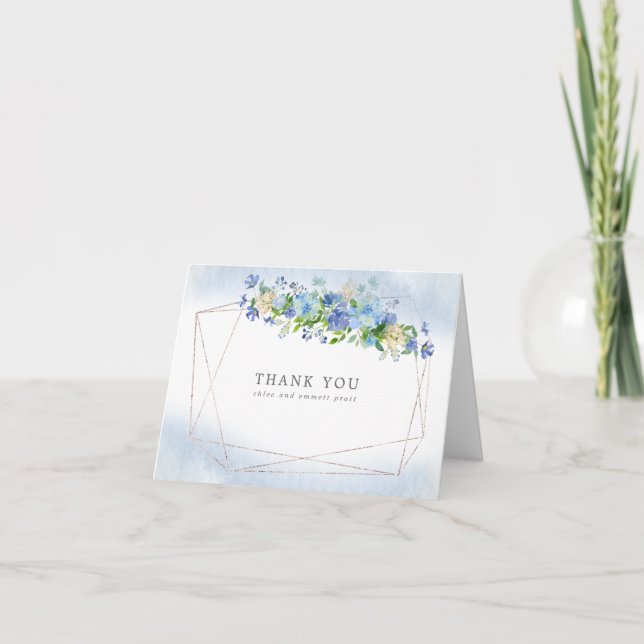 Blue Hydrangea Floral Gold Frame Carte de remercie (Devant)