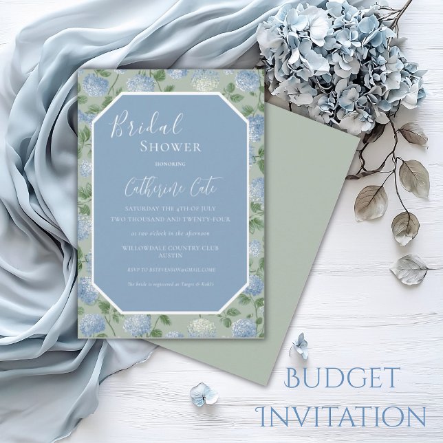 Blue Hydrangea Floral Green Bridal Shower Invitation (Creator Uploaded)