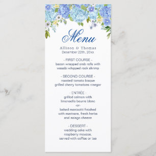 Blue Hydrangea  Floral Greenery Wedding Menu Card