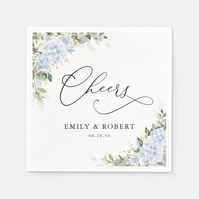Blue Hydrangea Floral Greenery Wedding Napkins (Front)