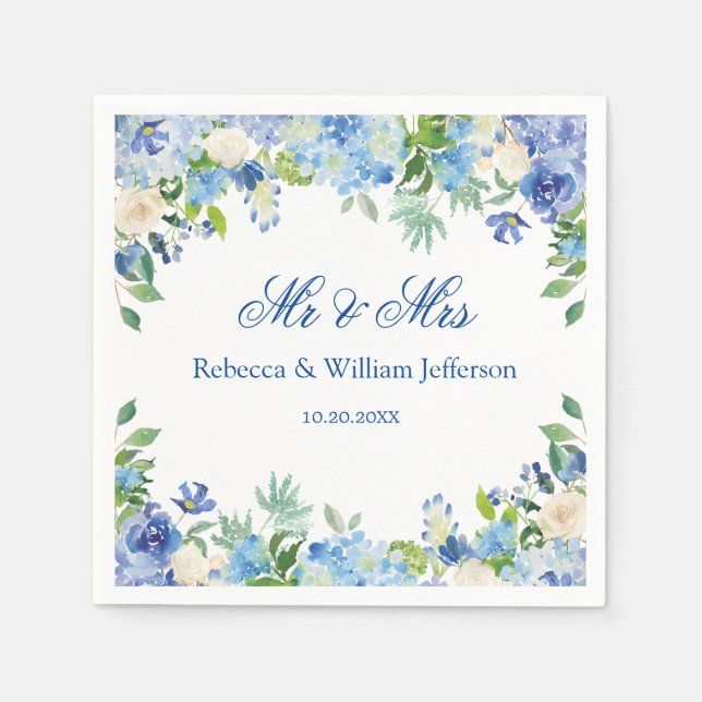 Blue Hydrangea Floral Greenery Wedding Paper Napkin (Front)