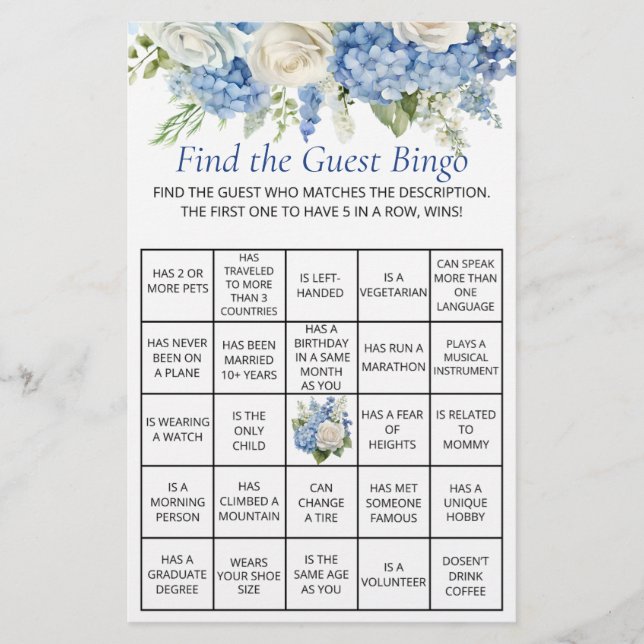 Blue Hydrangea Floral Guest Bingo Baby Shower Game Flyer (Front)