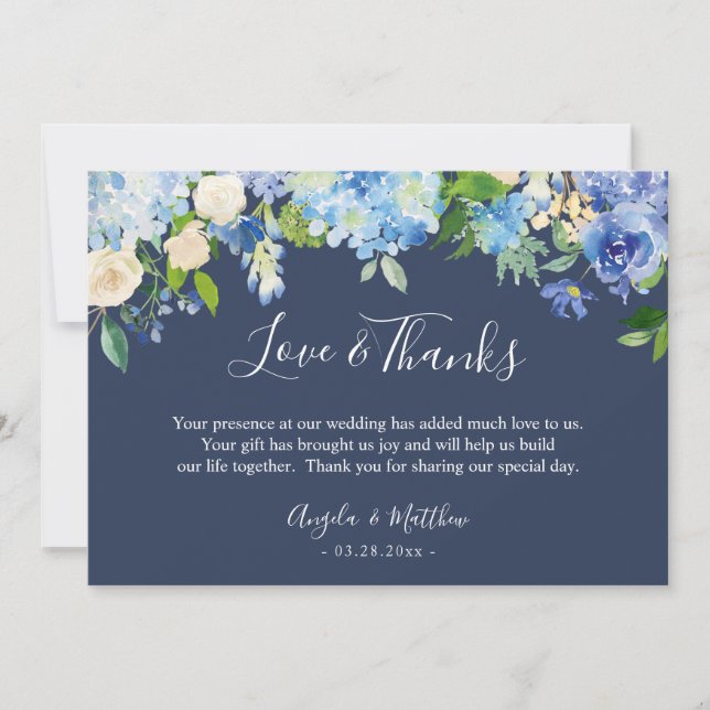 Blue Hydrangea Floral Hand Lettering Thank You Card (Front)