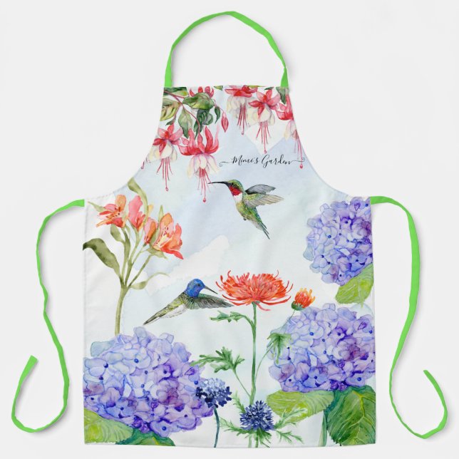 Blue Hydrangea Floral Hummingbird Mimis Garden Art Apron (Front)