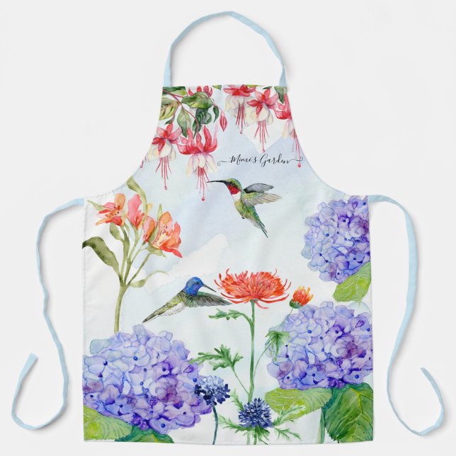 Blue Hydrangea Floral Hummingbird Mimis Garden Art Apron (Front)