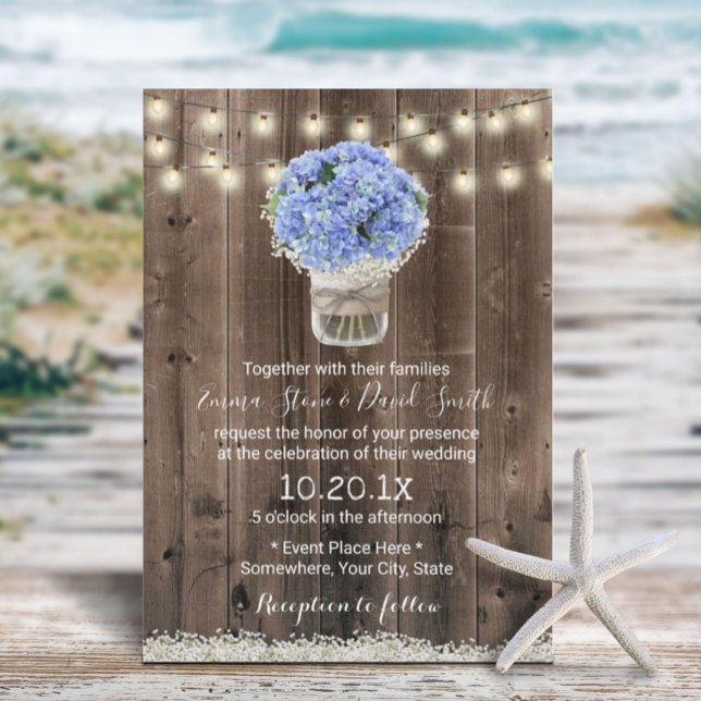 Blue Hydrangea Floral Jar Rustic Barn Wood Wedding Invitation (Creator Uploaded)